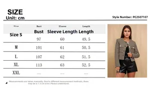 Detailed size chart for women's black and white houndstooth tweed jacket in cm
