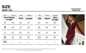 Detailed size chart with measurements for the burgundy knit crop top and skirt set
