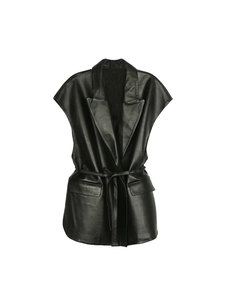 Women's black leather vest with lapel collar, tie-waist belt and dual front pockets