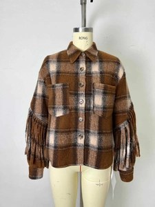 Veste en laine à carreaux vintage pour femme avec franges et col chemise classique