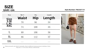 Detailed size chart for brown high-waisted shorts with hip and length measurements
