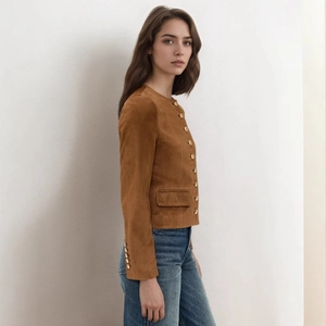 Detail of caramel brown suede jacket with golden buttons and retro cropped cut