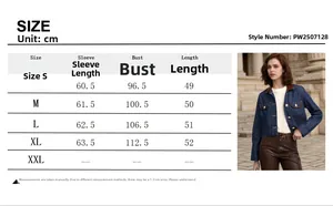 Size chart for women's denim jacket showing sleeve, bust, and length in centimeters