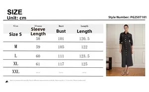 Size chart and dimensions for the long sleeve shirt dress with metal buttons and belt