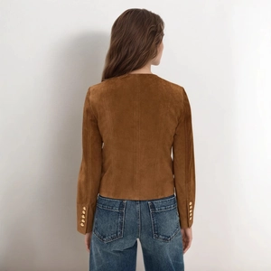 Back view of brown faux suede jacket featuring elegant gold buttons on the sleeves