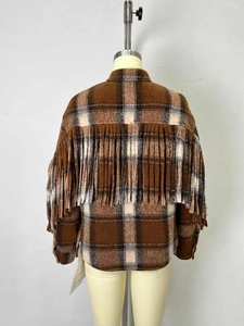 Veste vintage française en laine à carreaux avec franges aux manches et au dos