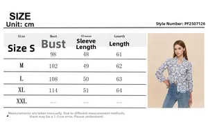 Detailed size chart for blue floral pattern button-up shirt showing bust and length measures