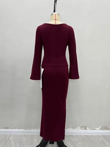 Burgundy knitted two-piece set featuring a square neck top and slim fit maxi skirt