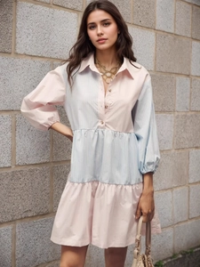 Women Striped Patchwork Shirt Dress Tiered Lantern Sleeve Turn-Down Collar Loose Pink Blue Colorblock Casual Midi Dress