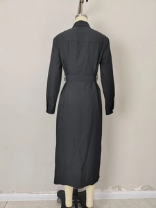 Elegant long sleeve black shirt dress for women with waist belt shown from back view