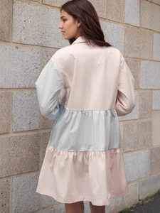 Pink and blue striped layered mini dress with lantern sleeves and loose patchwork design