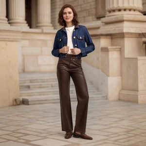 Detail of dark blue denim jacket featuring brown leather collar and gold button accents