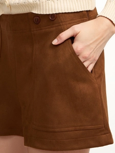 Brown faux suede shorts featuring double buttons and a minimalist wide-leg straight cut