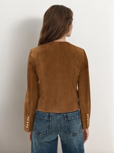 Classic brown suede short jacket for women featuring elegant gold buttons on sleeves