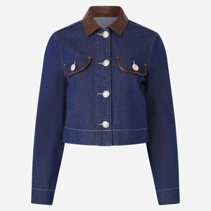 Detail of dark blue denim jacket featuring brown leather collar and silver metal buttons