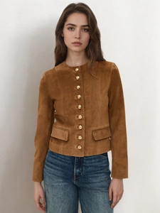 Classic caramel faux suede cropped jacket with gold buttons and elegant round neck