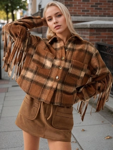 Veste Chemise Vintage Française à Carreaux en Laine pour Femmes avec Franges Manteau Court Mode Automne