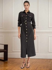 Women's Elegant Black Long Sleeve Shirt Dress With Gold Buttons And Belt Slim Fit Office Midi Dress Workwear Robe