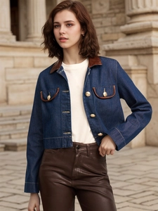 Women Elegant Denim Jacket Faux Leather Collar Patchwork Button Down Short Jacket Retro Long Sleeve Casual Outerwear Coat