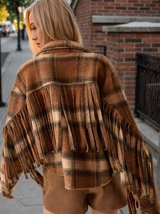 Veste à carreaux vintage française avec franges brunes et texture laine pour femmes