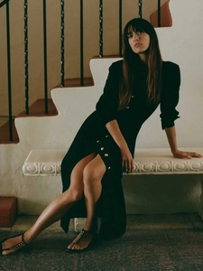 Elegant black long sleeve shirt dress with gold buttons and high side slits for women