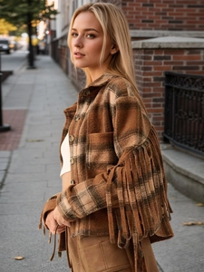 Veste en laine vintage à carreaux de style français avec franges pour l'automne