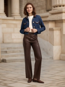 Short denim jacket with faux leather collar and matching wide-leg trousers ensemble