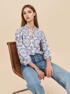 Blue mandala floral pattern stand collar shirt with 3/4 sleeves and button neck detailing