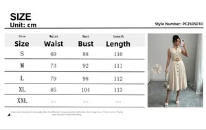 Size chart with bust and waist measurements for V-neck sleeveless linen dress