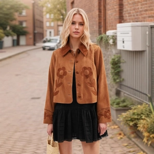 Nahaufnahme braune Wildlederjacke mit Blumen-Applikationen und Reverskragen im Retro-Stil