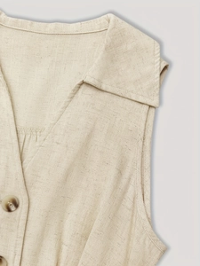 Linen blend V-neck sleeveless dress with amber buttons and waist belt in beige color