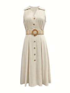 Detailed texture of beige linen V-neck sleeveless dress with woven belt and buttons