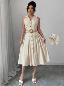 Elegant beige linen sleeveless V-neck button shirt dress with straw belt and A-line hem