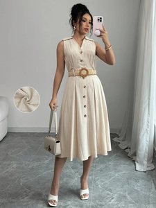Women Sleeveless Linen Blend Shirt Dress V Neck Belted Midi Button Down A Line Casual Vacation Elegant Khaki Dress