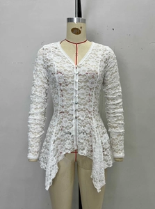 Elegant white floral lace button-down top with a slim fit and asymmetrical hemline