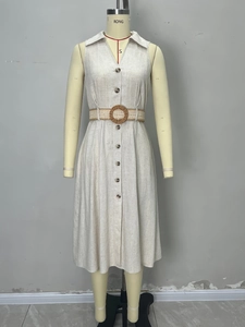 Linen texture V-neck sleeveless midi dress with buttons and woven belt in beige color