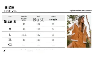 Detailed size guide table for women's brown corduroy vest with shearling trim details