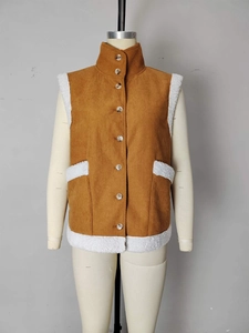 Women's autumn caramel corduroy vest with warm white faux shearling trim and high collar