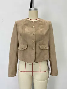 Classic khaki suede short jacket for women featuring round neck and gold buttons