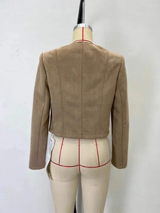 Classic camel faux suede short jacket with round neck and detailed back stitching