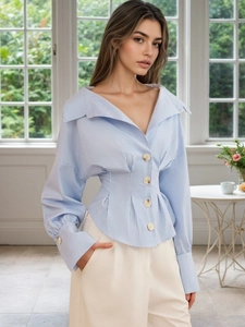 Elegant Women Striped Long Sleeve V-Neck Blouse Fashion Smocked Waisted Puff Sleeve Shirt With Buttons Casual Office Top