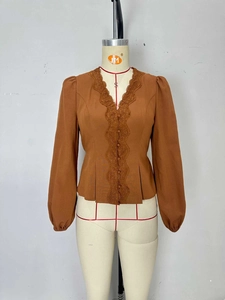 Elegant brown V-neck lace blouse with long lantern sleeves and button-up front detail