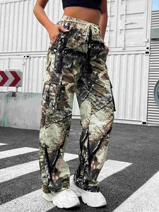 Pantaloni Cargo Mimetici da Donna Vita Alta Taglio Dritto Coulisse Pantaloni Con Tasche Multiple Streetwear Moda
