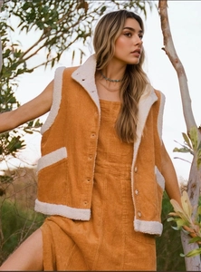 Women's Retro Corduroy Vest With Faux Sherpa Trim Stand Collar Sleeveless Waistcoat Pocket Single Breasted Casual Outerwear Top