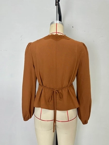 French lace V-neck long sleeve blouse with waist tie and pleated cuffs in brown