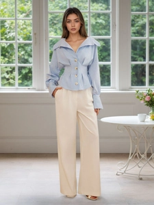Elegant blue and white striped long sleeve shirt with V-neck and waisted pleats