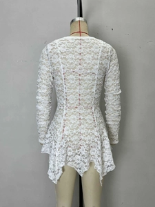 Elegant white lace long sleeve top with irregular hem shown from the back view