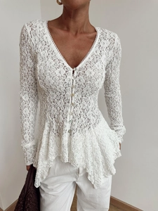 Elegant white lace long sleeve V-neck peplum shirt with buttons for women