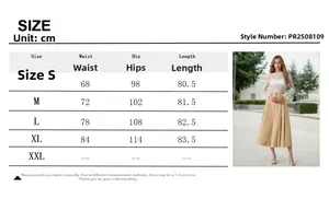 Detailed size chart for high-waisted wide-leg trousers with model lifestyle view