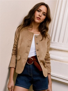 Elegant Women Round Neck Polyester Jacket Long Sleeve Solid Color Button Down Short Outerwear Coat Office Lady Fall Top